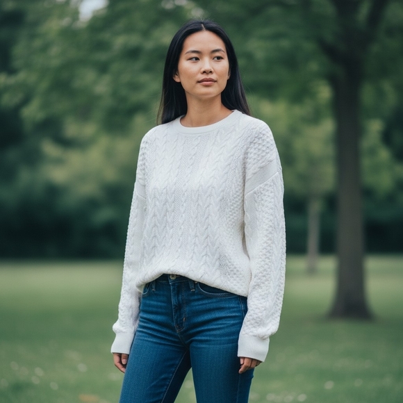 Sweaters - White Textured Cable Knit Sweater Minimalist Capsule Wardrobe